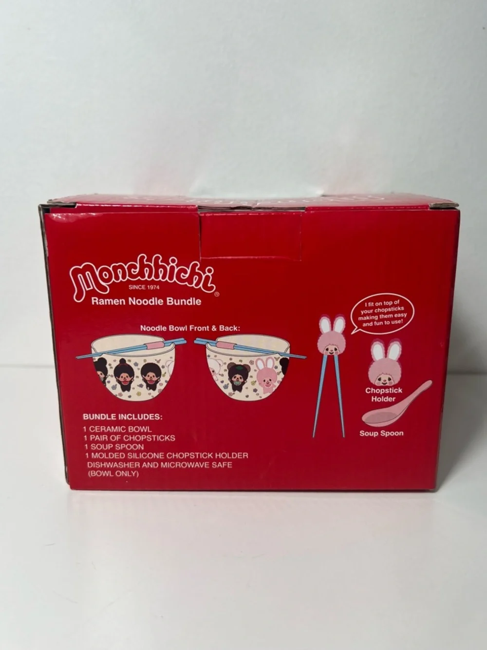 Monchhichi Ceramic Ramen Noodle Bowl 4PC Set W/ Chopsticks Soup Spoon & Holder